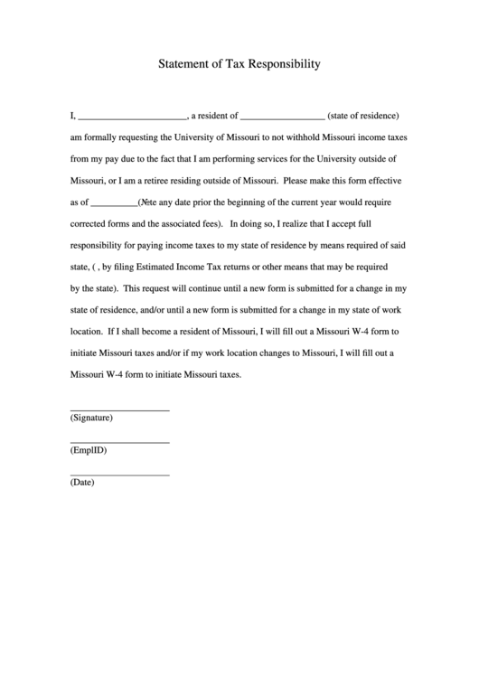 Statement Of Tax Responsibility - University Of Missouri System Printable pdf