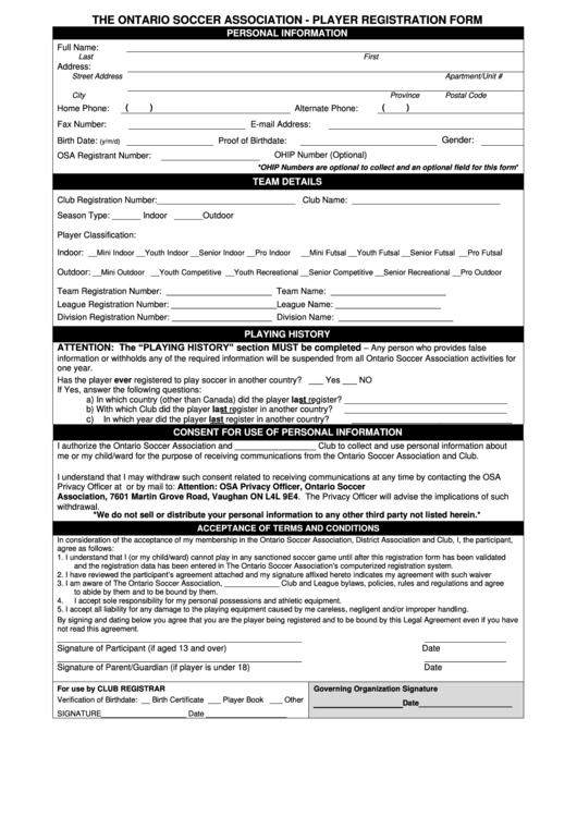 The Ontario Soccer Association - Player Registration Form Printable pdf