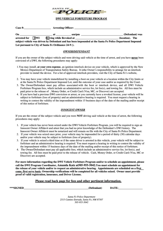 Vehicle Seizure Form - City Of Santa Fe Printable pdf