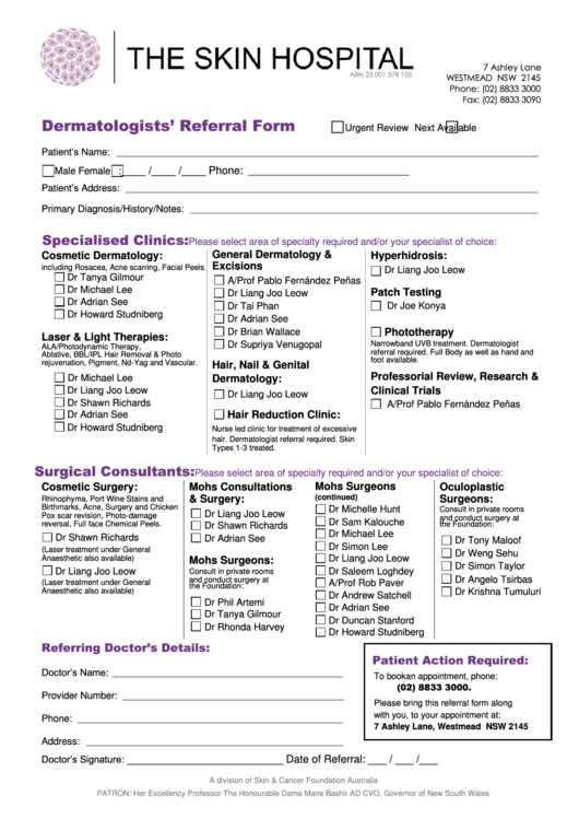 Dermatologists Referral Form Printable pdf
