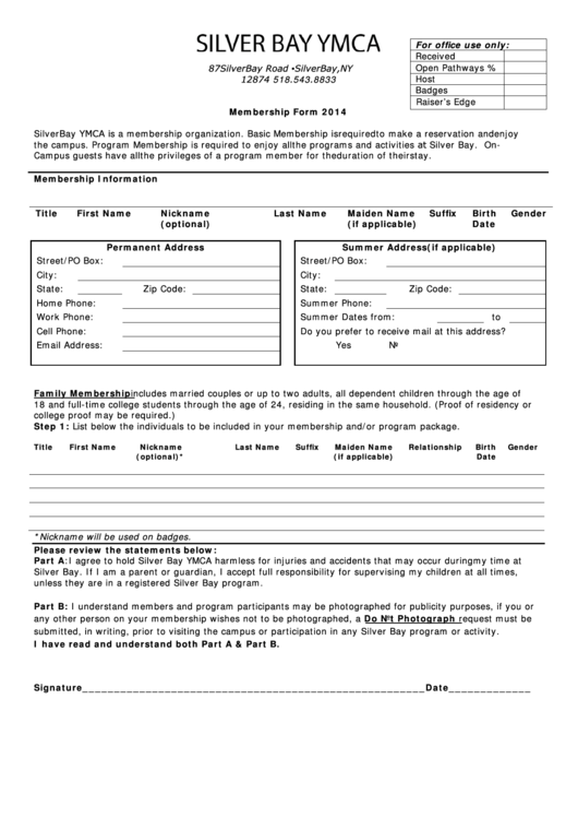 Membership Form Silver Bay Ymca Printable pdf