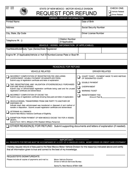 Form Mvd - 10208 - Request For Refund Form - Village Of Hatch Printable pdf