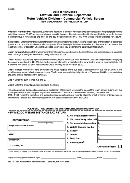 Form Mvd-10963 - New Mexico Weight Distance Tax Return Printable pdf