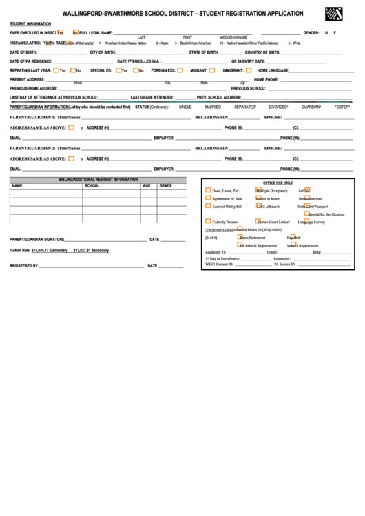 Student Registration Application Printable pdf