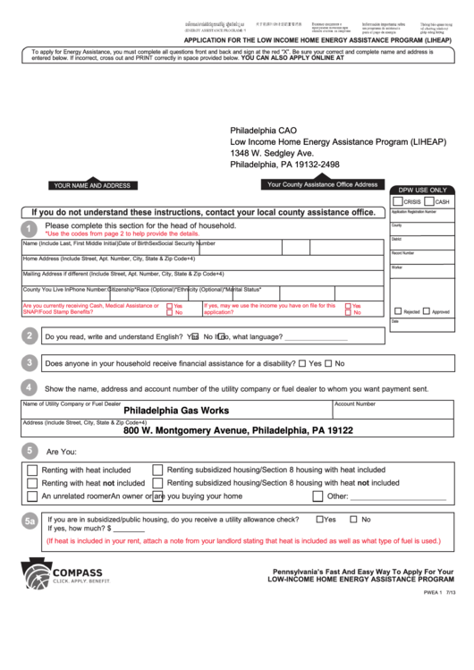 Application Form For The Low Income Home Energy Assistance Program