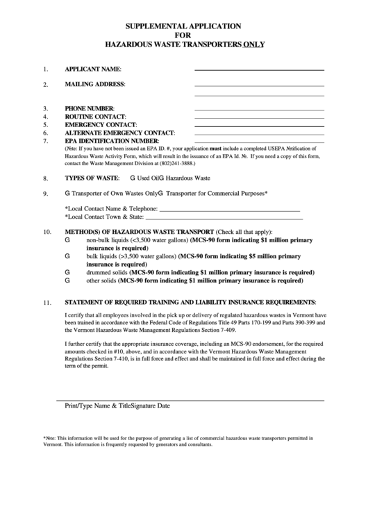 Supplemental Application Form For Hazardous Waste Printable pdf