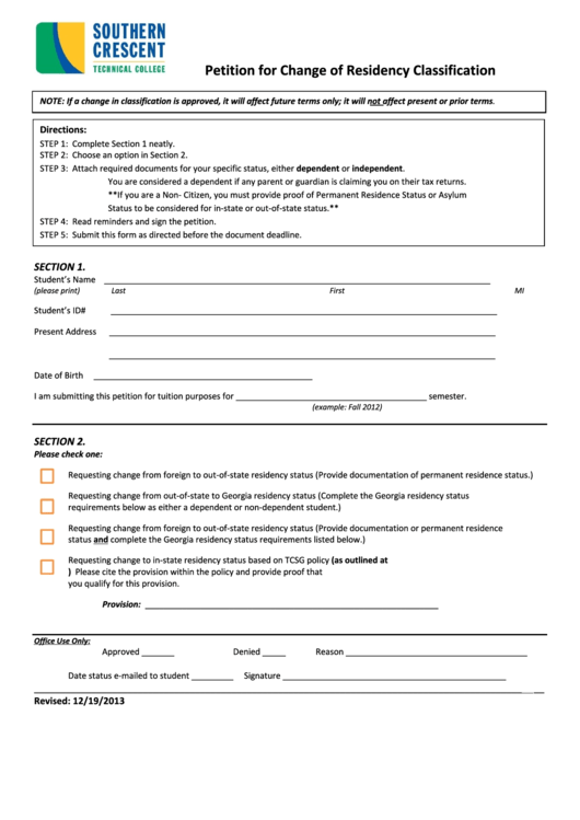 Petition For Change Of Residency Classification Printable pdf