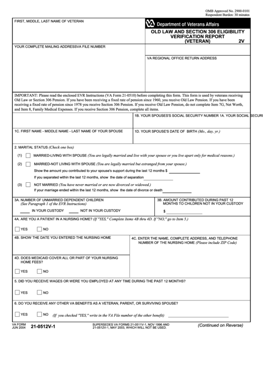 Fillable Va Form 21-0512v-1 - Old Law And Section 306 Eligibility Verification Report (Veteran) Printable pdf