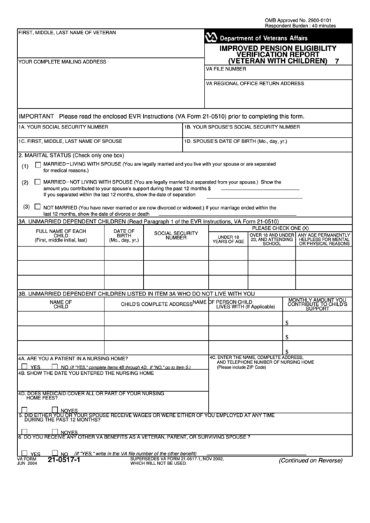 Va Form 21-0517-1 - Improved Pension Eligibility Verification Report (Veteran With Children) Printable pdf