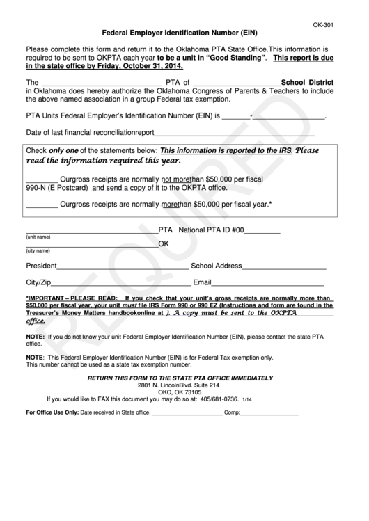 Fillable Ok-301 - Federal Employer Identification Number (Ein) Printable pdf