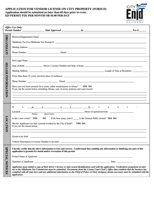 Fillable Application For Vendor License On City Property Printable pdf
