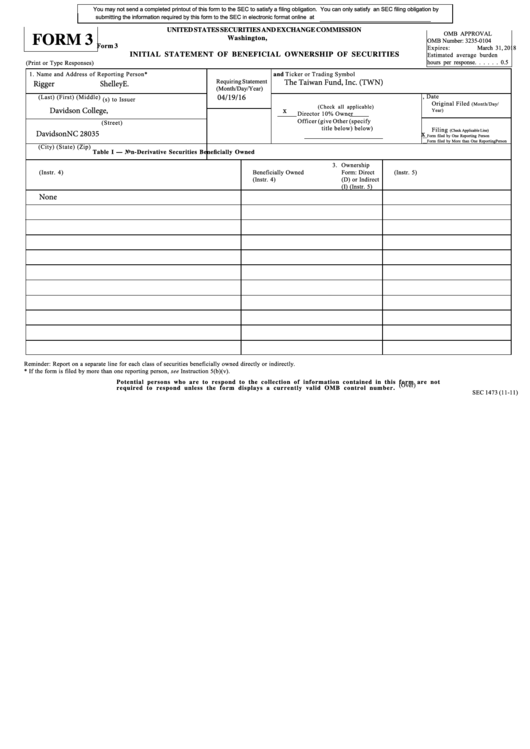 Form 3 - Initial Statement Of Beneficial Ownership Of Securities Printable pdf