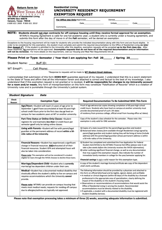 Fillable University Residency Requirement Exemption Request Printable pdf