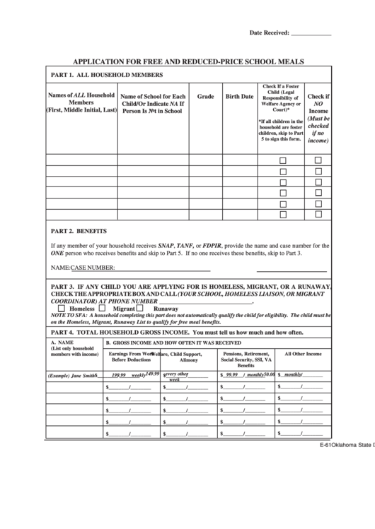 Fillable Application Form For Free And Reduced-Price School Meals - Oklahoma State Department Of Education Eligibility Documentation Printable pdf