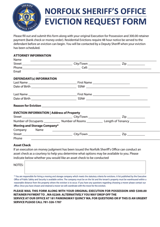 Fillable Eviction Request Form Norfolk County Printable pdf