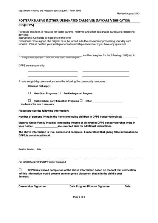 Foster Relative Or Other Designated Caregiver Daycare Verifcation Printable pdf