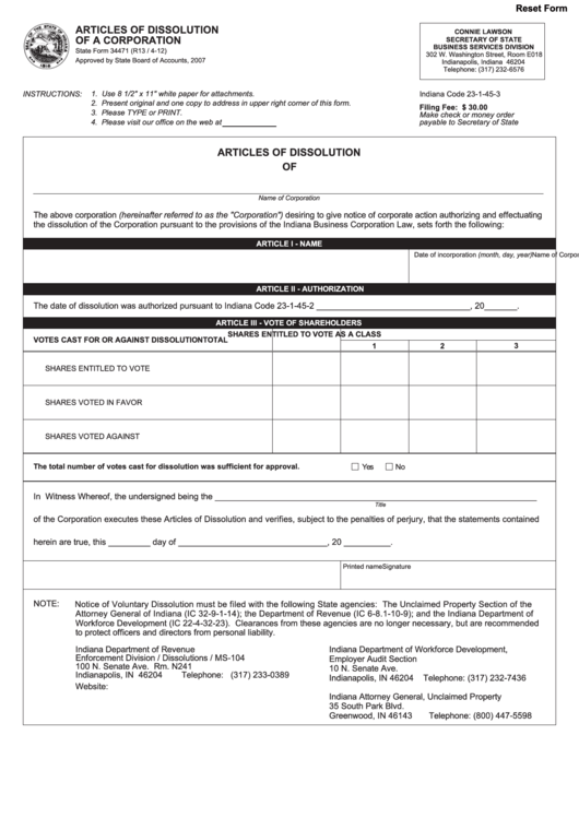 Fillable State Form 34471 - Articles Of Dissolution Of A Corporation Printable pdf