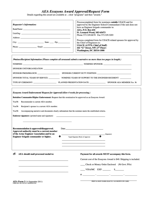 Aea Form 2 - Aea Essayons Award Approval Request Form - Army Engineer Printable pdf