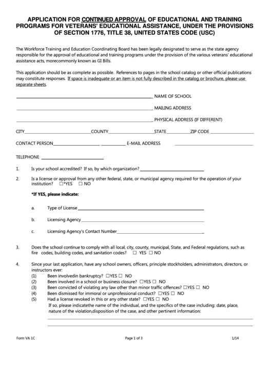 Fillable Va 1c Continued Approval Application - Workforce Training And Education Printable pdf