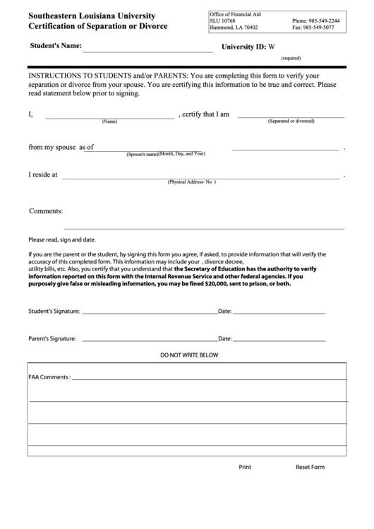 Fillable Certification Form Of Separation Or Divorce Printable pdf