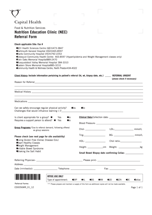 Nutrition Education Clinic - Referral Form Printable pdf