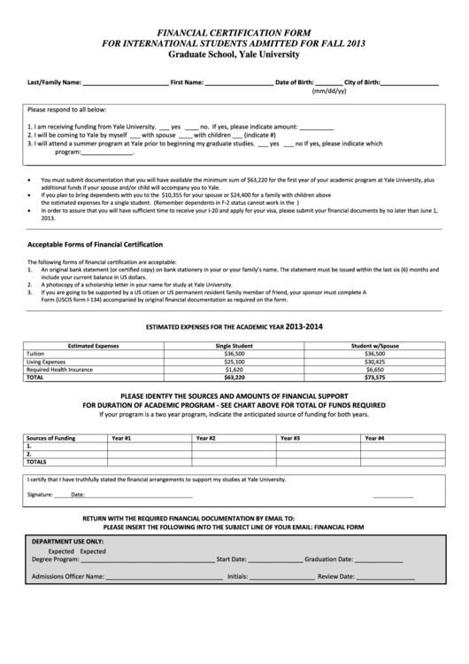 Fall 2013 Financial Certification Form Printable pdf