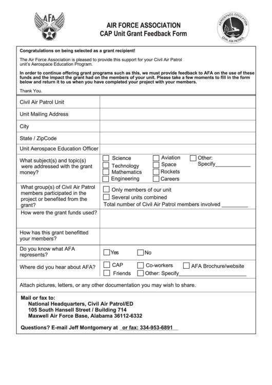 Cap Unit Grant Feedback Form Apr 2006 Cap Members Printable pdf