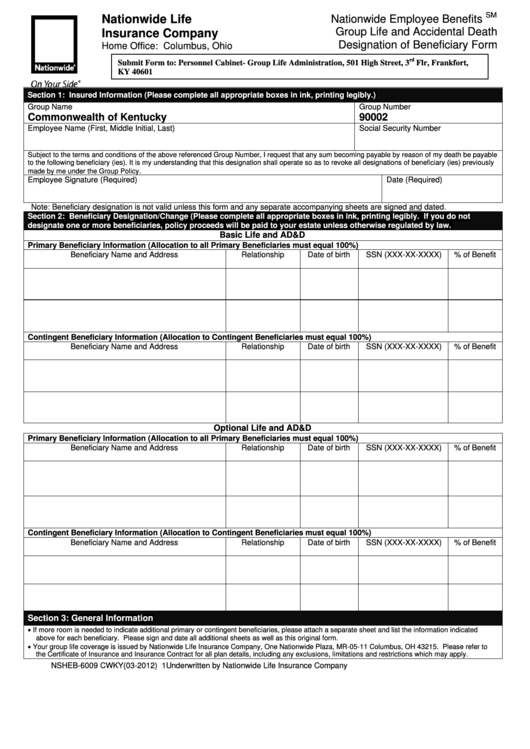 Beneficiary Designation Form - Personnel Kentucky printable pdf download