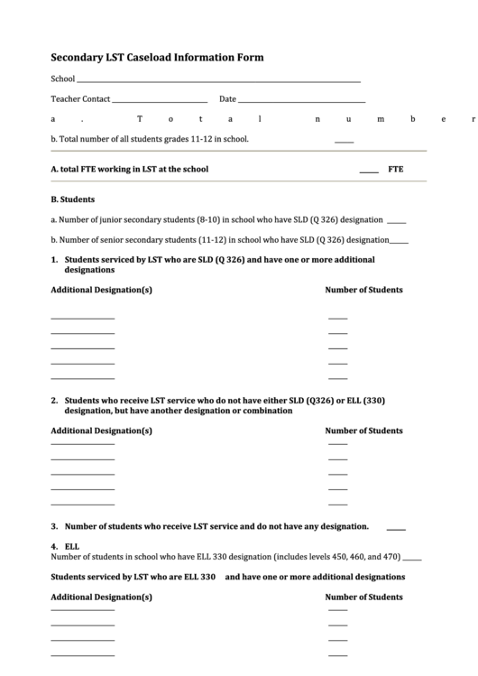 Caseload Information Form Printable pdf