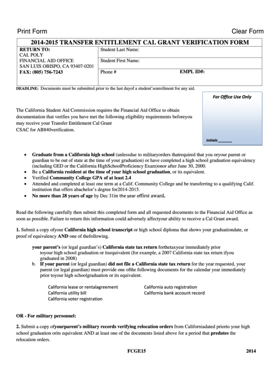 Fillable 2014-2015 Transfer Entitlement Cal Grant Verification Form Printable pdf