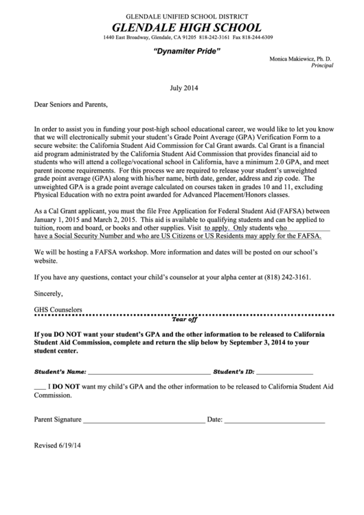 Cal Grant Gpa Authorization Letter Ghs - Glendale High School Printable pdf