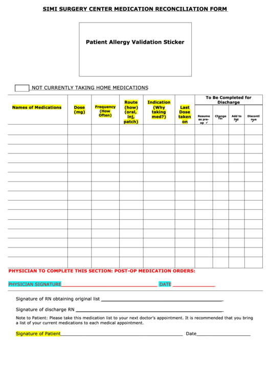 Fillable Simi Surgery Center - Medication Reconciliation Form Printable pdf