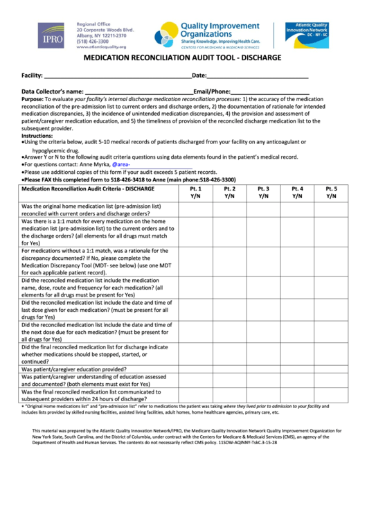 Medication Reconciliation Audit Tool Template - Discharge Printable pdf