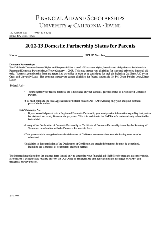 Domestic Partnership Status Form For Parents - Office Of Financial Aid Printable pdf