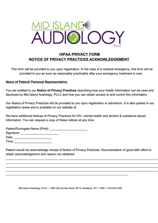 Hipaa Privacy Form Notice Of Privacy Practices Acknowledgement Printable pdf