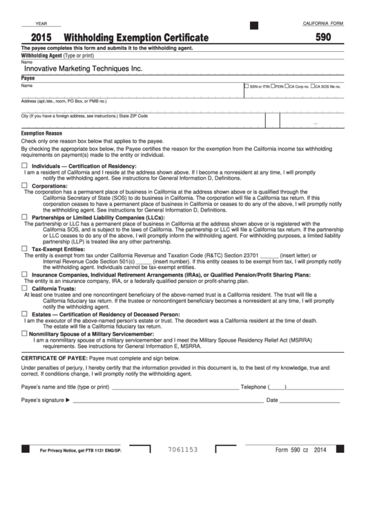 California Form 590 - Withholding Exemption Certificate - 2015 Printable pdf
