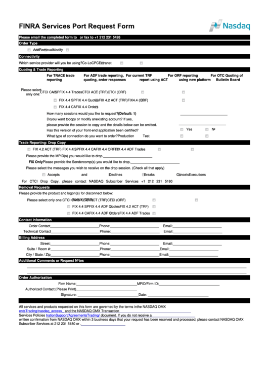 Fillable Nasdaq Omx Request Form For Finra Services - Nasdaq Trader Printable pdf