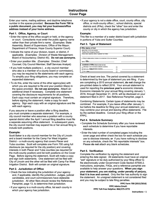 California Form 700 - Statement Of Economic Interests Cover Page