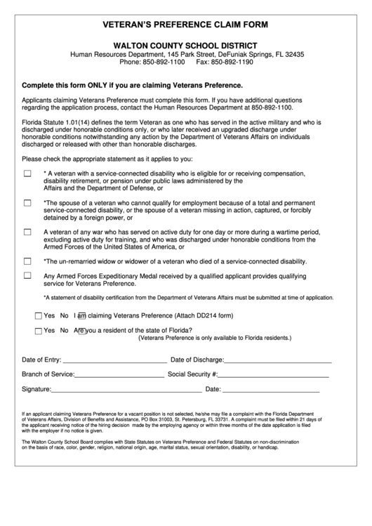Veterans Preference Claim Form - Walton County School District Printable pdf