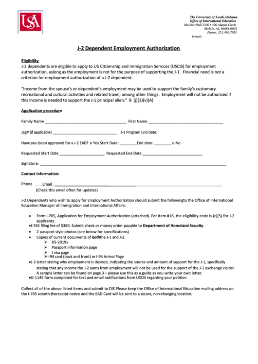 Fillable Ead For J -2 Dependent Application Packet - The University Of South Alabama Office Of International Education Printable pdf