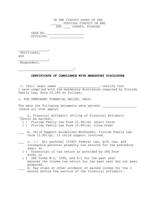 Certificate Of Compliance With Mandatory Disclosure Florida Circuit