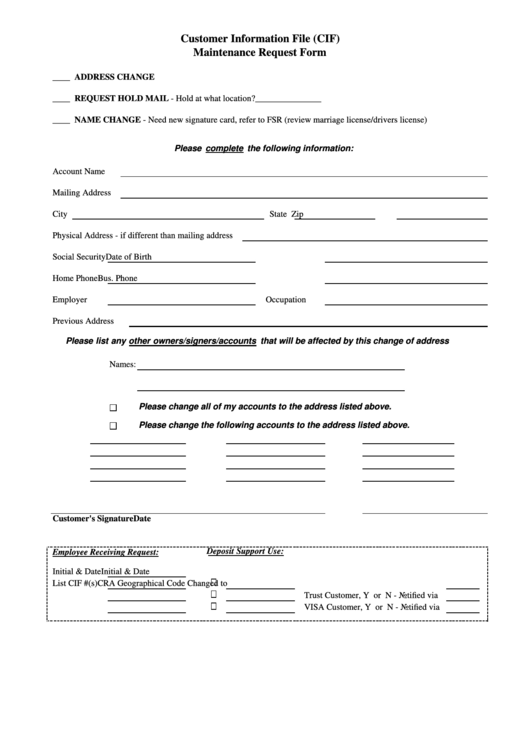 Fillable Customer Information File (Cif) Maintenance Request Form Printable pdf