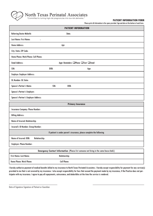 New Patient Packet - North Texas Perinatal Associates Printable pdf
