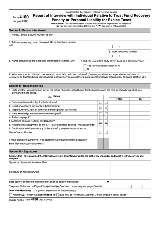 Fillable Form 4180 - Report Of Interview With Individual Relative To Trust Fund Recovery Penalty Or Personal Liability For Excise Taxes Printable pdf