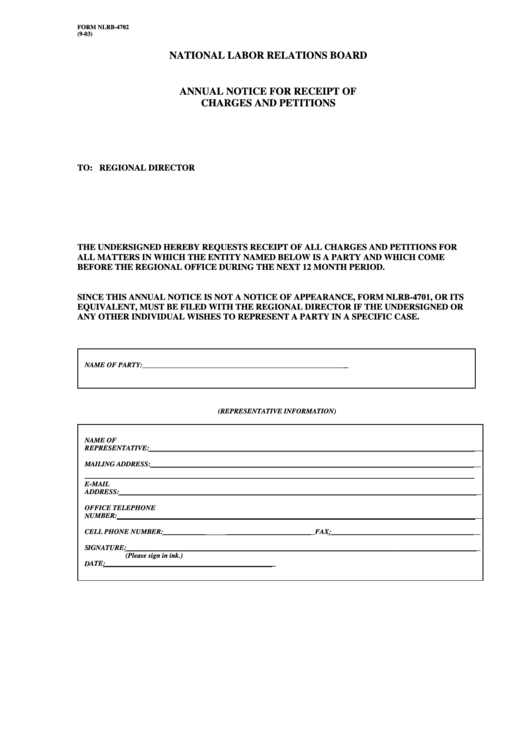 Fillable Nlrb Form-4702 - Annual Notice For Receipt Of Charges And Petitions Printable pdf