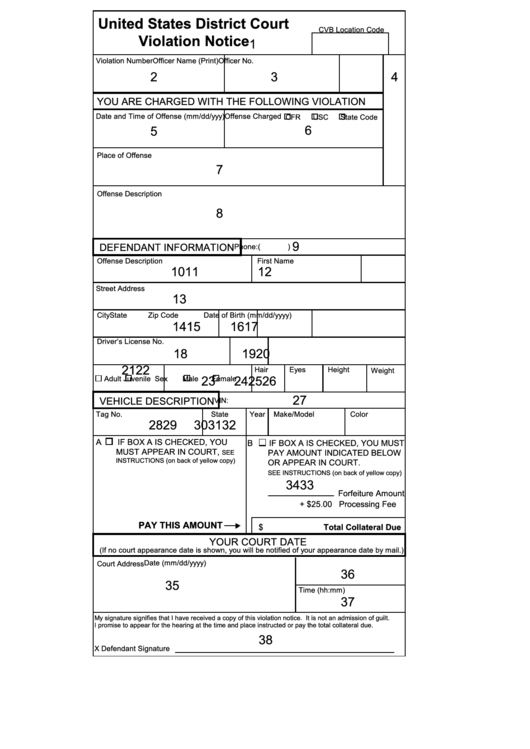 United States District Court Violation Notice Printable pdf
