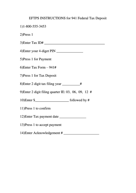 Eftps Instructions For 941 Federal Tax Deposit Printable pdf