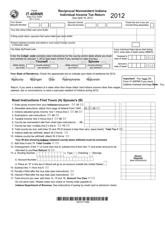 Fillable Form It-40rnr - Reciprocal Nonresident Indiana Individual Income Tax Return - 2012 Printable pdf