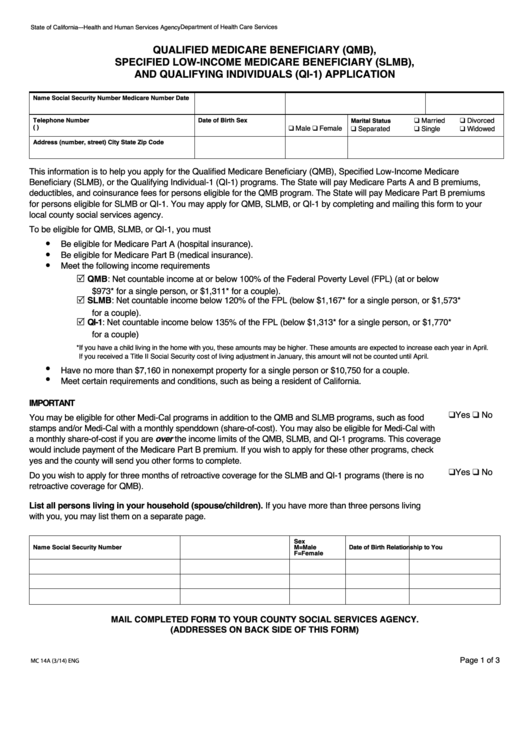 Fillable Qualified Medicare Beneficiary (Qmb), Specified Low-Income Medicare Beneficiary (Slmb), And Qualifying Individuals (Qi-1) Application Printable pdf