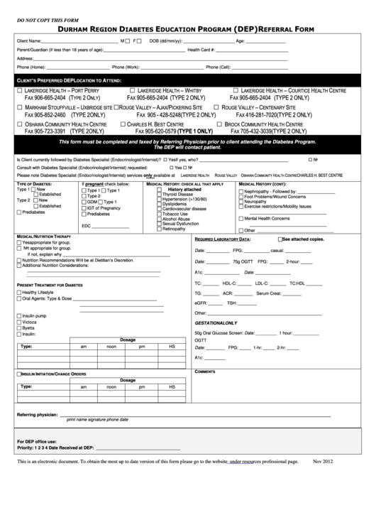 Durham Region Diabetes Education Program (Dep) Referral Form Printable pdf